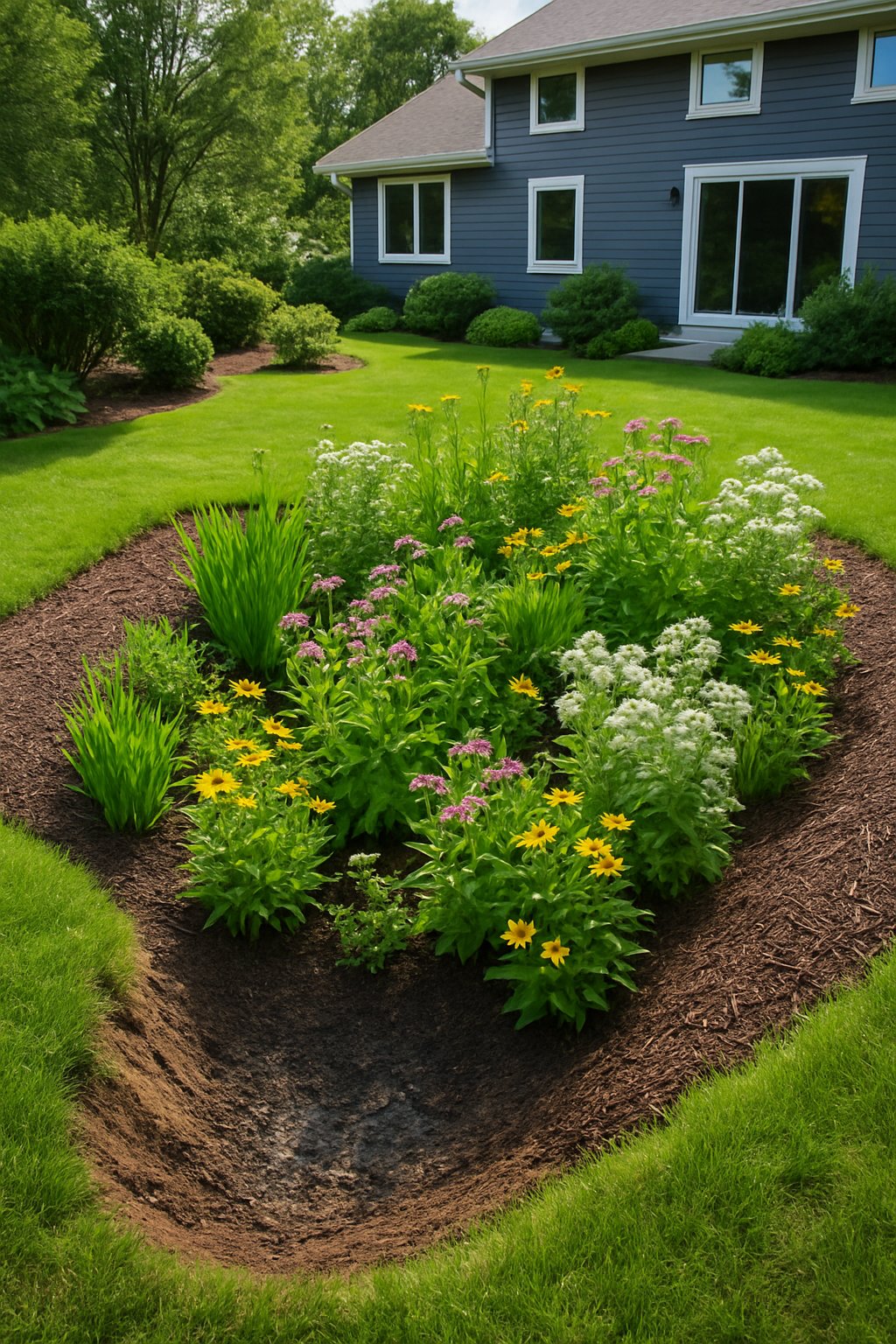 A rain garden with native plants and flowers in a residential yard designed to manage water runoff.