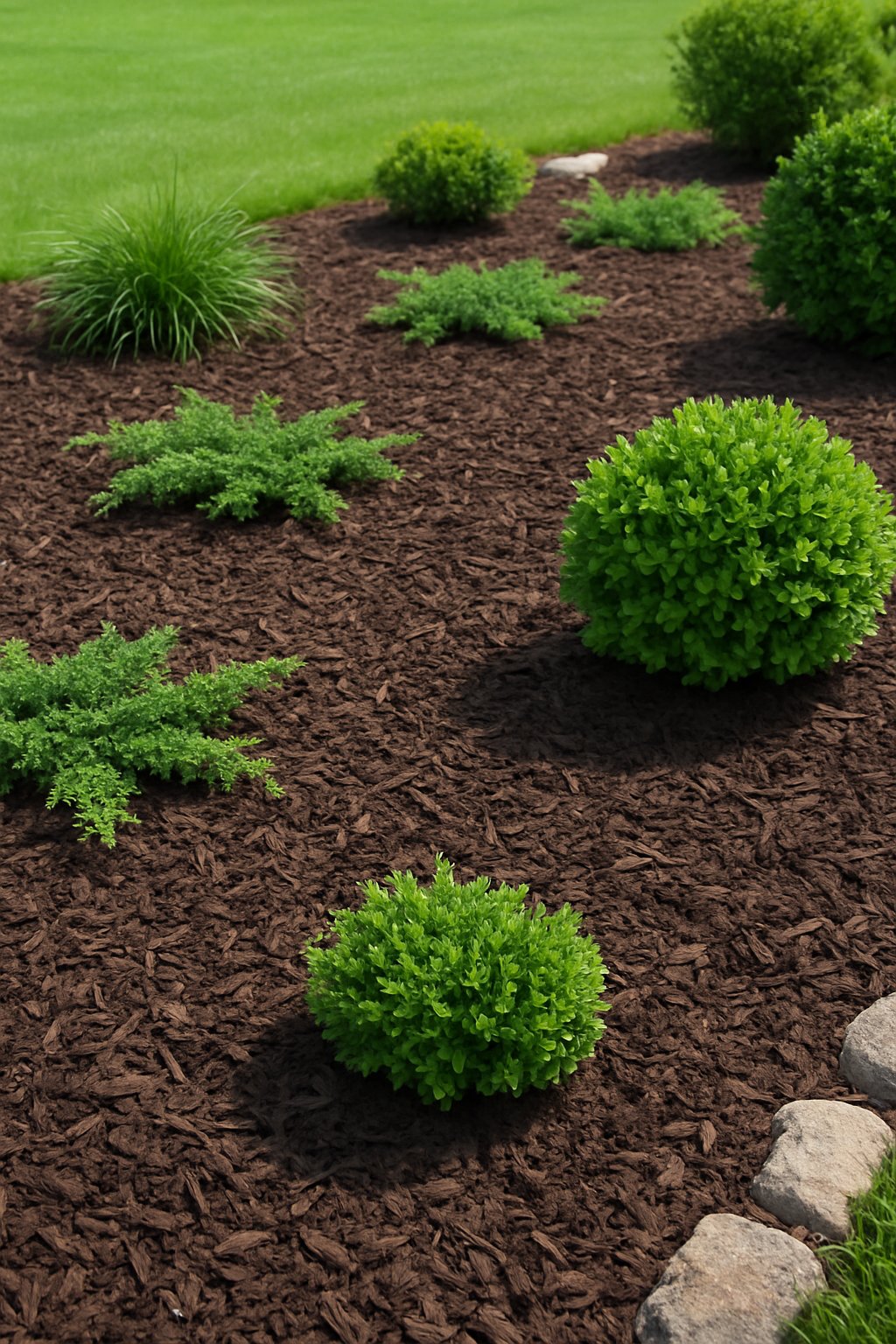 A garden bed covered with dark mulch around green plants and shrubs in a neatly arranged landscape.