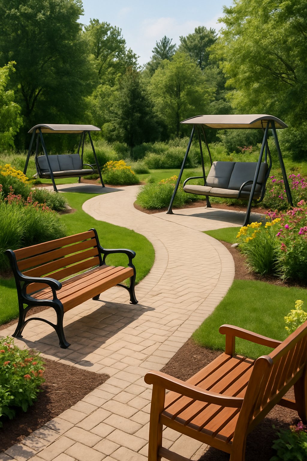 Outdoor garden with comfortable benches and swings surrounded by greenery and flowers.