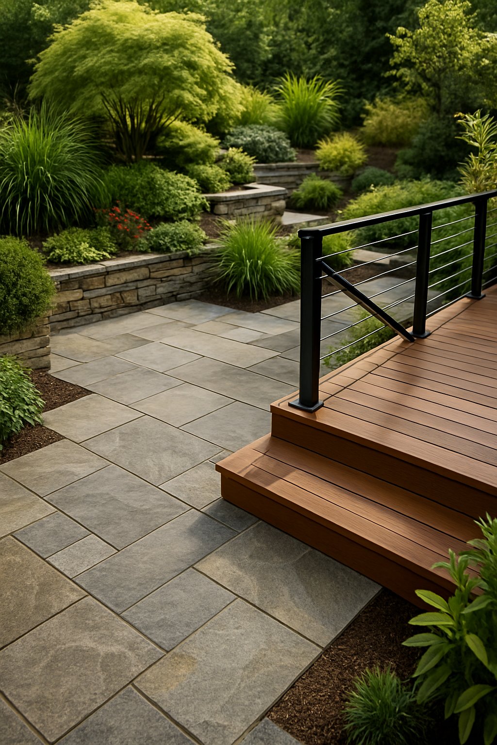 An outdoor landscape with stone paving, wooden decking, metal accents, and surrounding plants.
