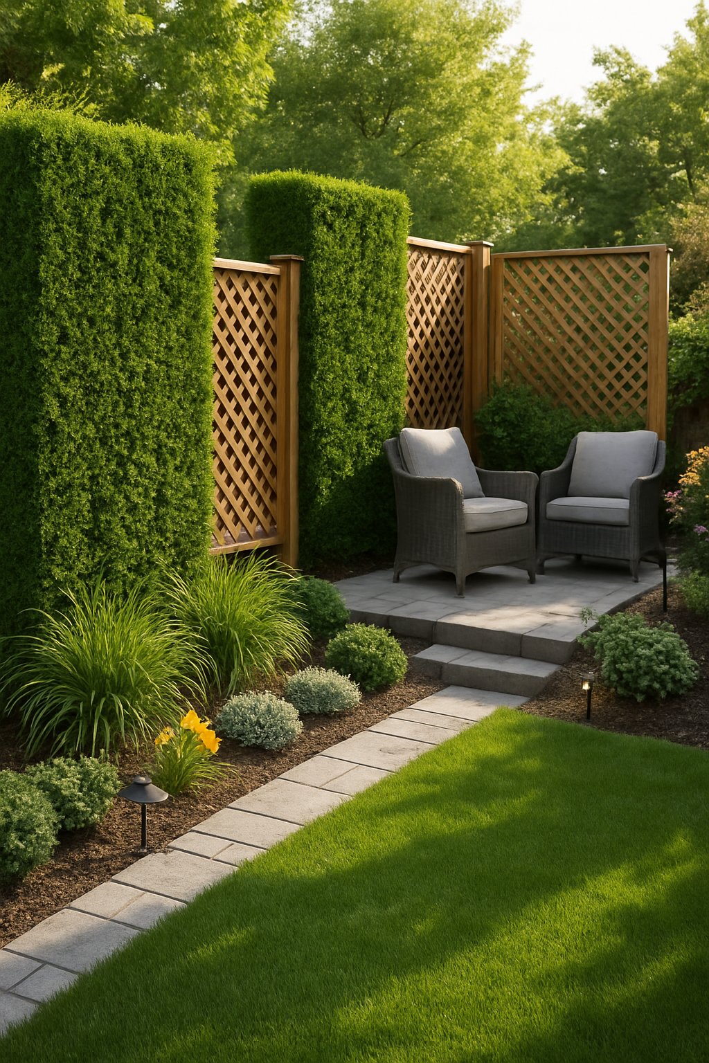 A backyard with privacy screens made of green hedges and wooden lattice panels surrounding a seating area and garden.
