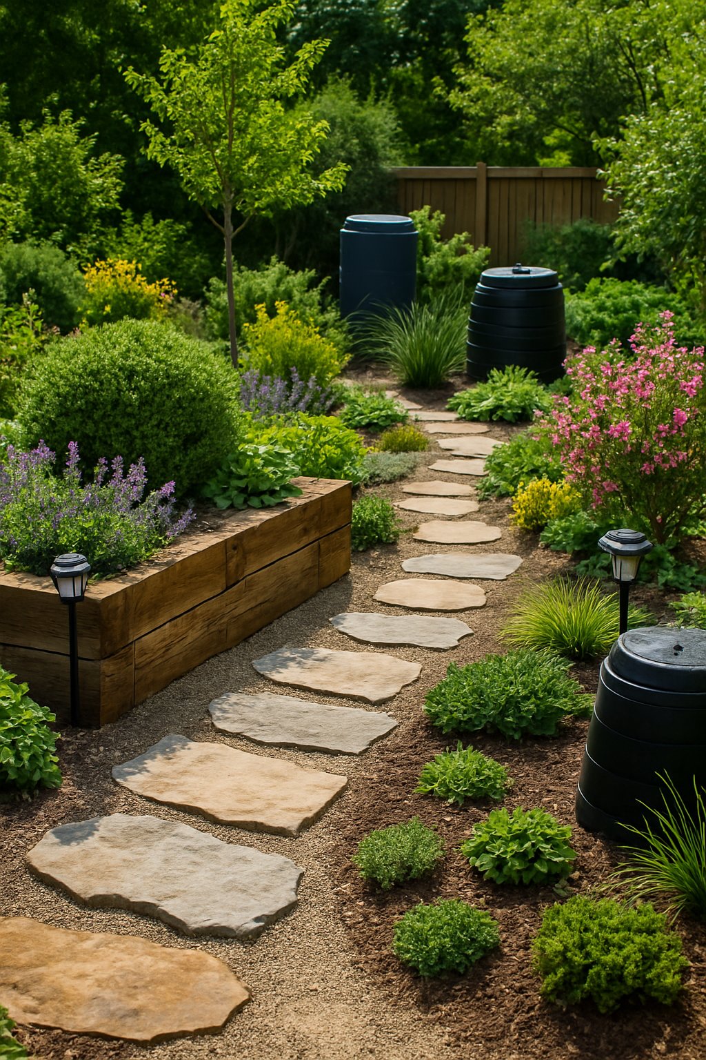 A vibrant outdoor landscape featuring native plants, stone pathways, and eco-friendly garden elements under natural daylight.