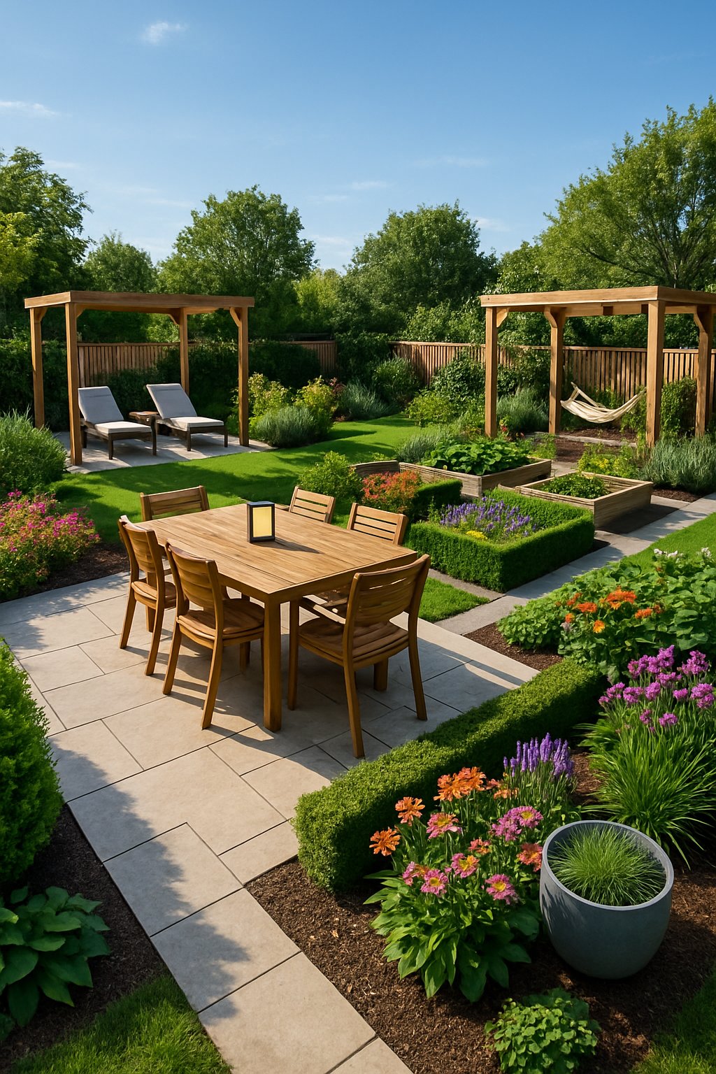 An outdoor landscape with separate areas for dining, gardening, and relaxing, each visually divided by plants and pathways.