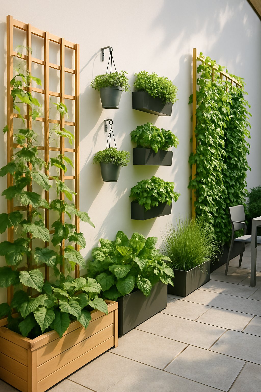A vertical garden with green plants growing on wall-mounted planters and trellises in a small outdoor patio.