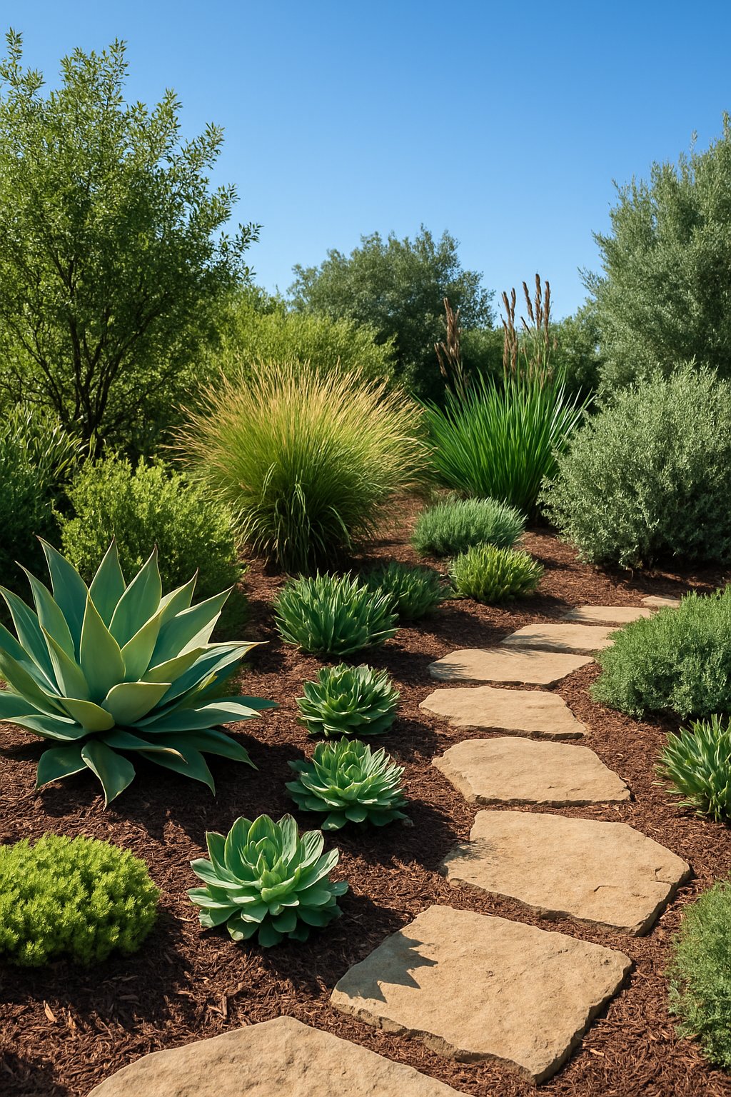 A garden with drought-resistant plants including succulents and grasses arranged along stone pathways under a clear blue sky.