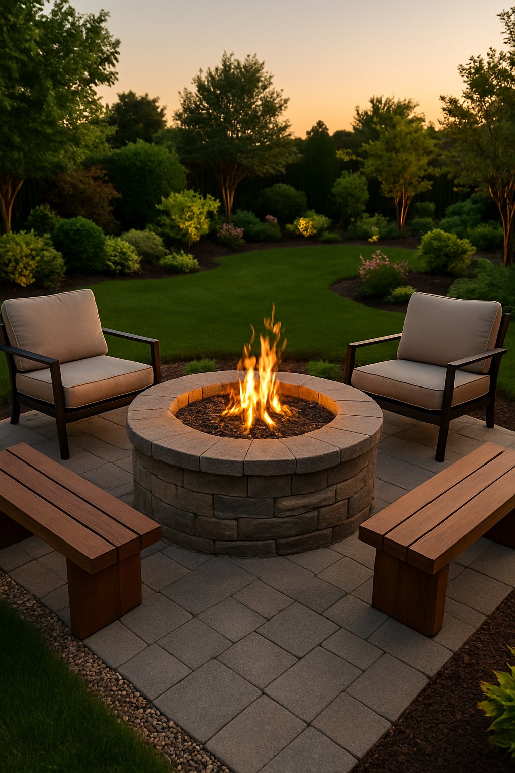 A backyard with a stone fire pit surrounded by outdoor seating, green plants, and a stone patio at sunset.