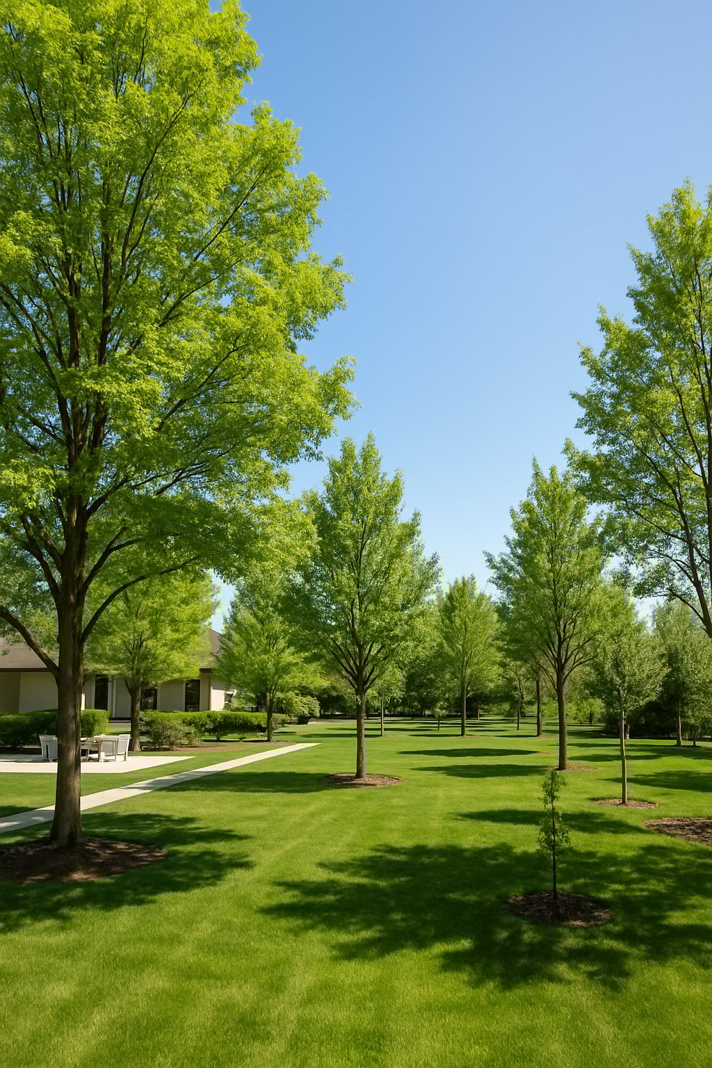 A landscaped yard with 24 trees planted strategically around a house to provide shade and wind protection.