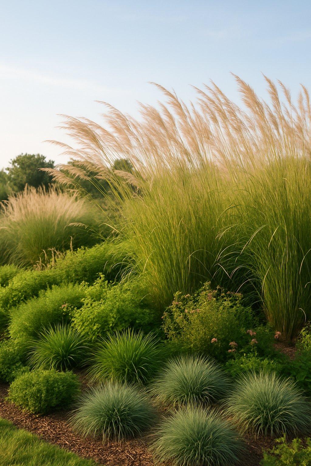 A landscaped garden area with native grasses gently moving in the breeze surrounded by green plants and a clear sky.