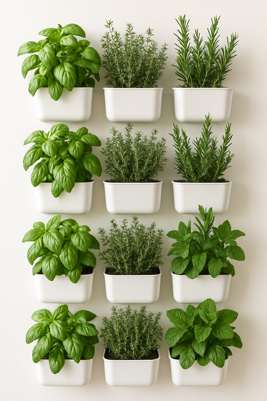 Vertical wall-mounted planters filled with various green herbs arranged neatly on a bright wall.