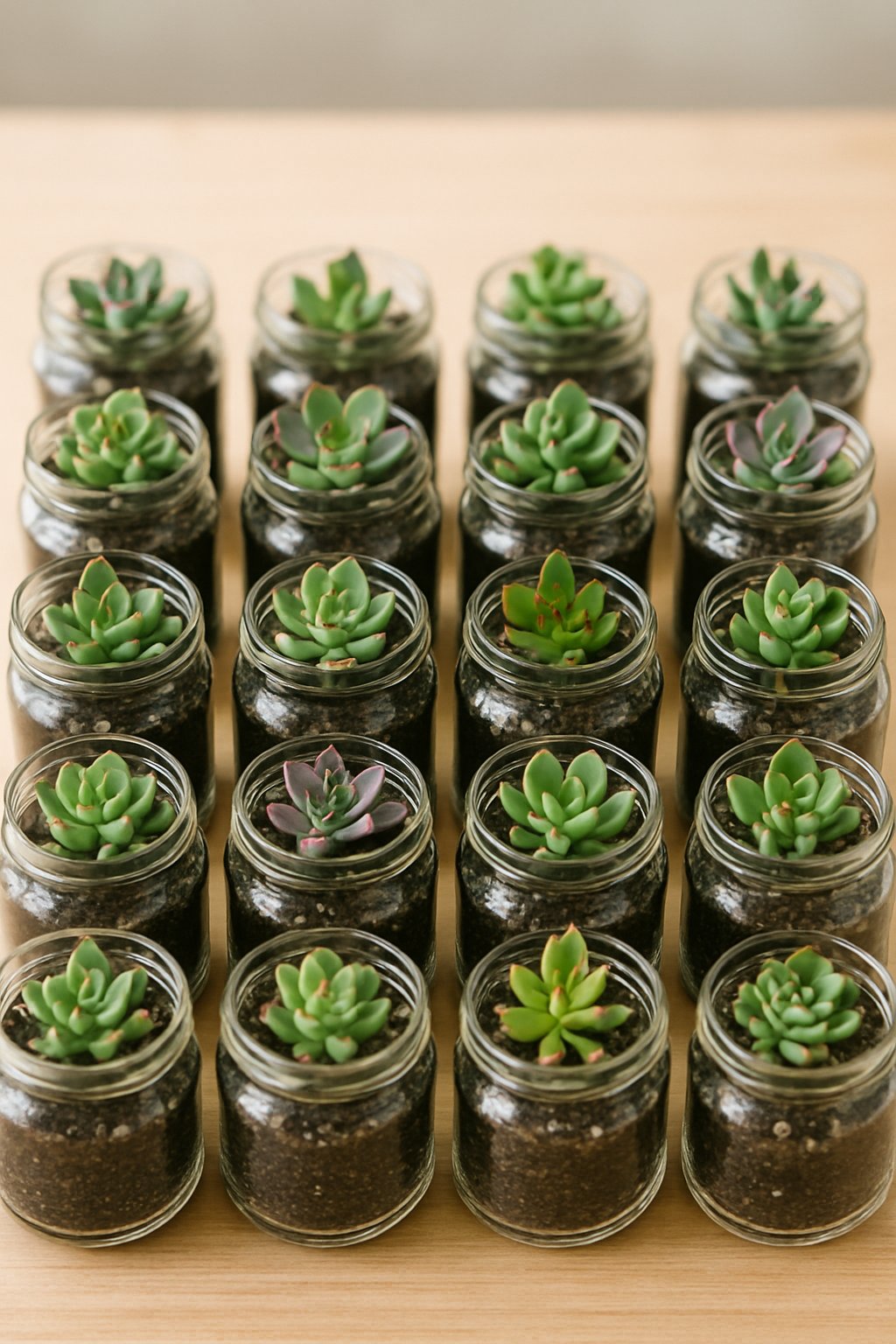 A collection of 24 miniature succulent plants in clear glass jars arranged on a wooden surface.