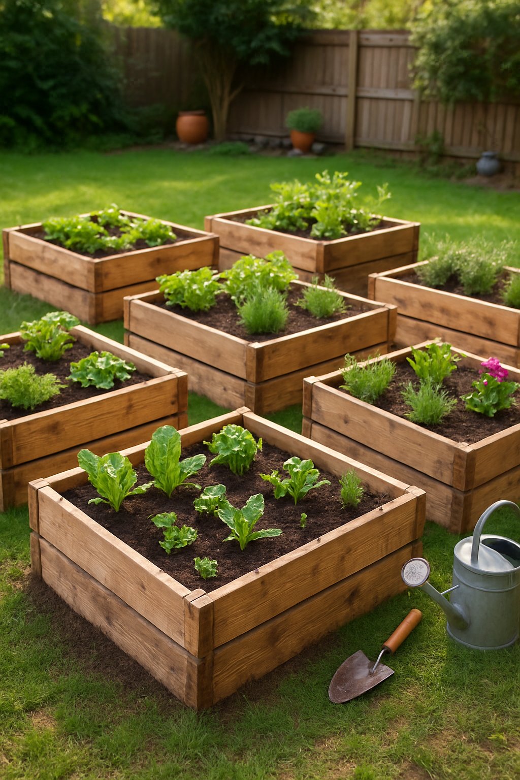 Several small raised garden beds made from pallet wood filled with plants in a sunny backyard garden.
