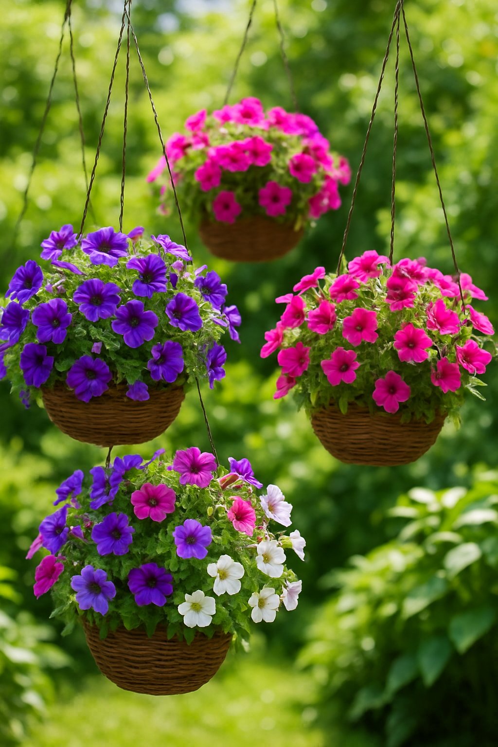 Hanging baskets filled with colorful trailing petunias in a garden setting.
