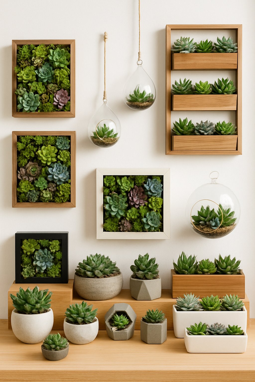 A collection of 24 small succulent garden arrangements in various frames and containers designed to save space, displayed indoors with natural light.