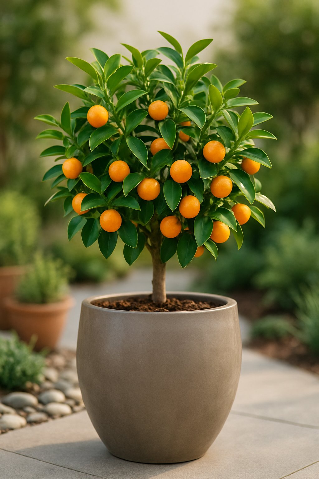 A compact citrus tree with small orange fruits growing in a large planter on a patio surrounded by small garden plants.