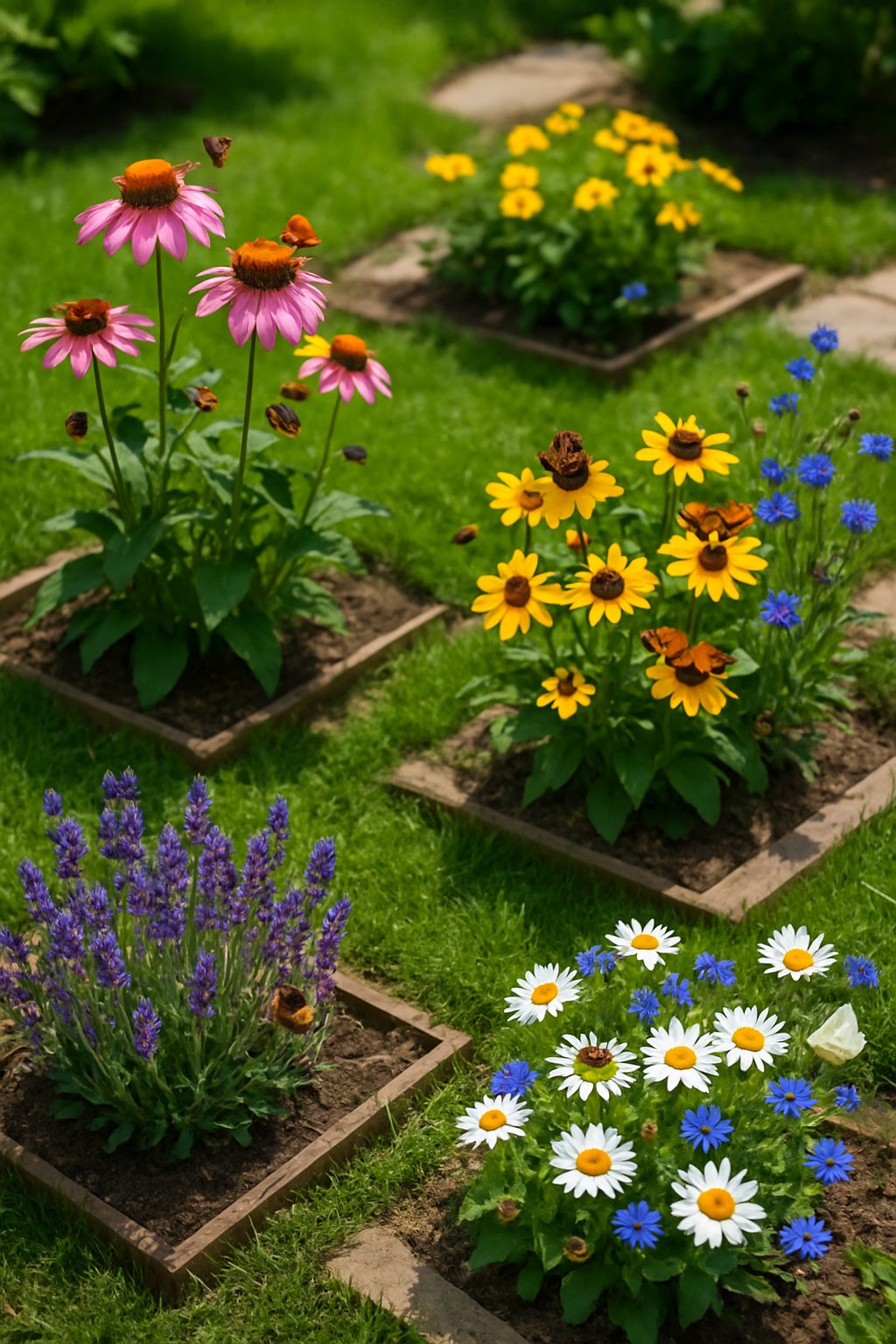 Small garden with clusters of colorful wildflowers attracting bees and butterflies.