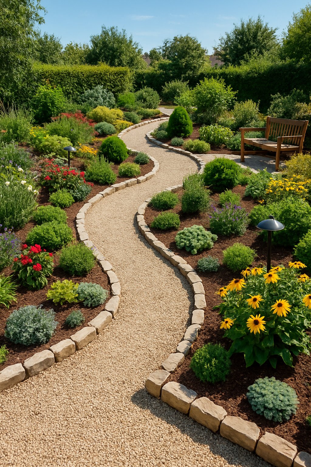 Small garden with winding gravel paths, green plants, colorful flowers, and wooden benches under a sunny sky.