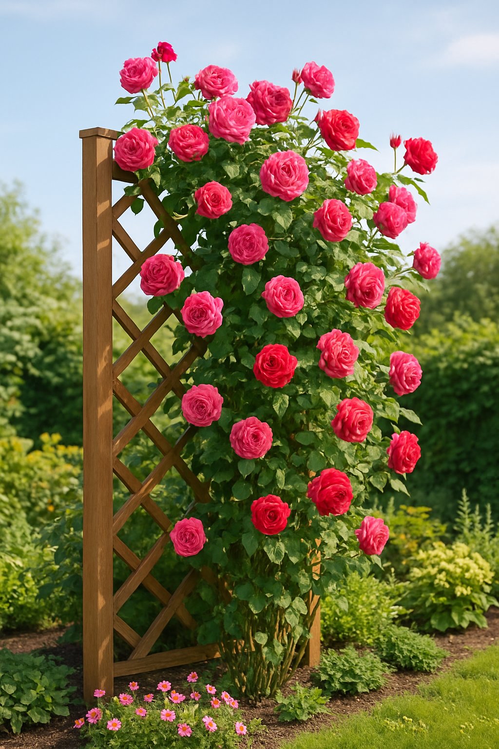 Climbing roses blooming on a wooden trellis surrounded by green plants in a garden.