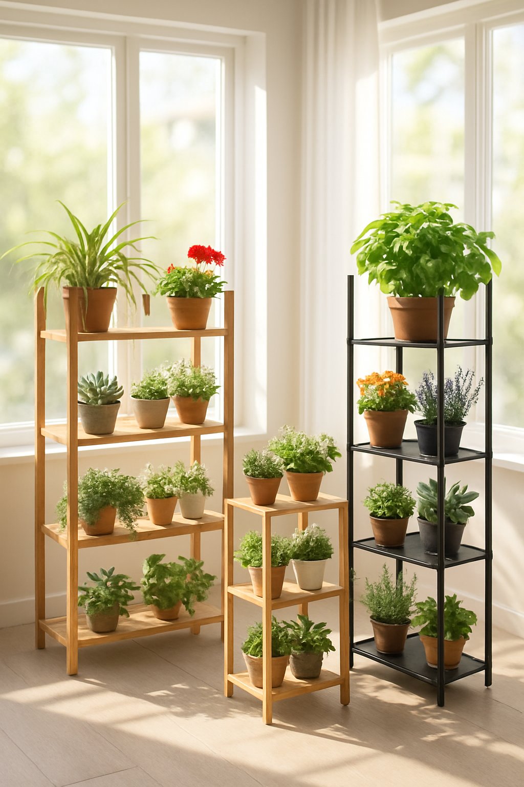 Indoor multi-tiered plant stands near large windows holding various small potted plants in natural sunlight.