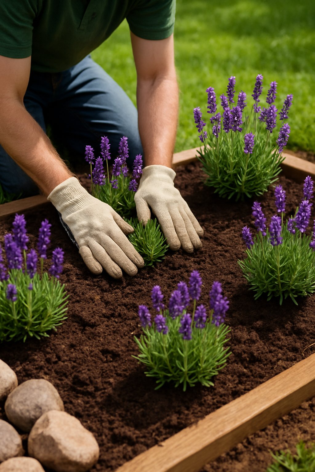 Hands planting dwarf lavender plants with purple flowers in a small garden bed with soil and stones.