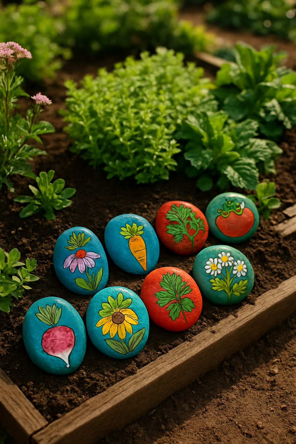 Decorative painted stones arranged as markers in a garden bed with green plants and flowers.