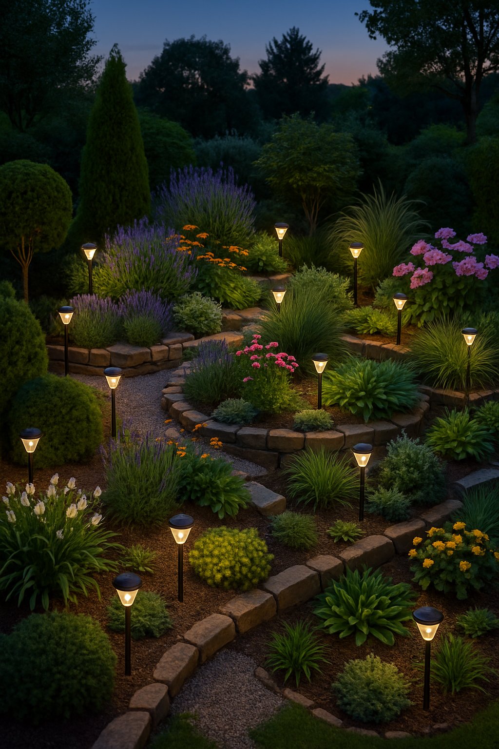 A garden at dusk with small solar-powered lights glowing warmly among plants and flowers, creating a peaceful and inviting atmosphere.