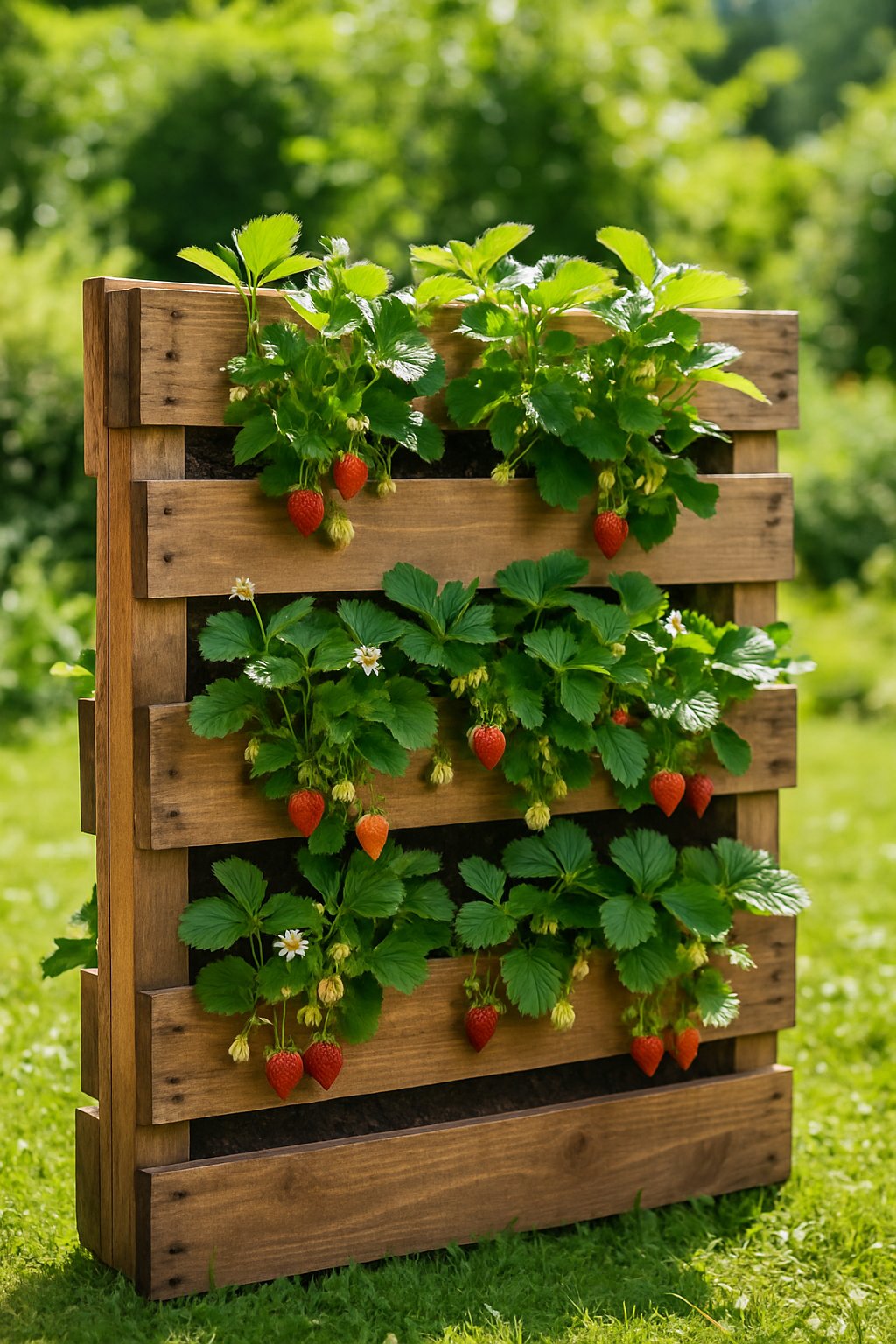 A vertical wooden pallet planter filled with green strawberry plants and ripe red strawberries in a garden.
