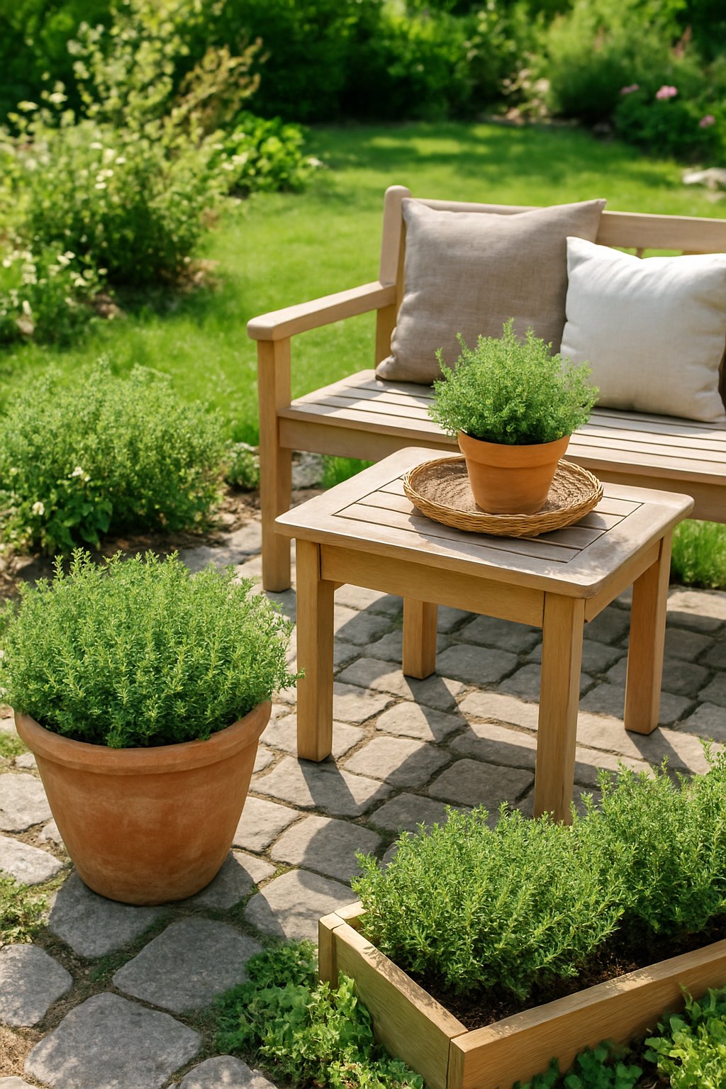 Outdoor seating area surrounded by green thyme plants and other garden greenery with wooden benches and a small table.