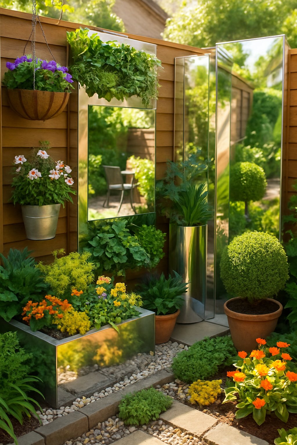 A small garden with various plants and reflective surfaces that brighten shaded areas by reflecting sunlight.