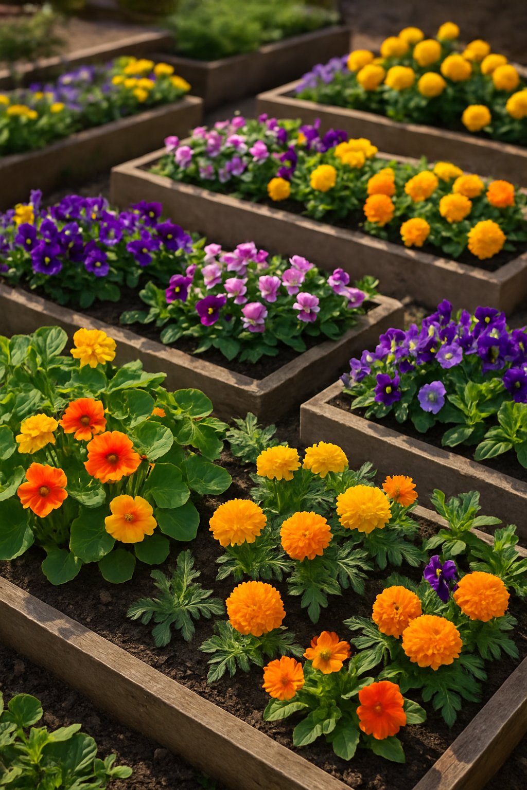 Several small garden beds filled with colorful edible flowers and green plants in an outdoor garden setting.