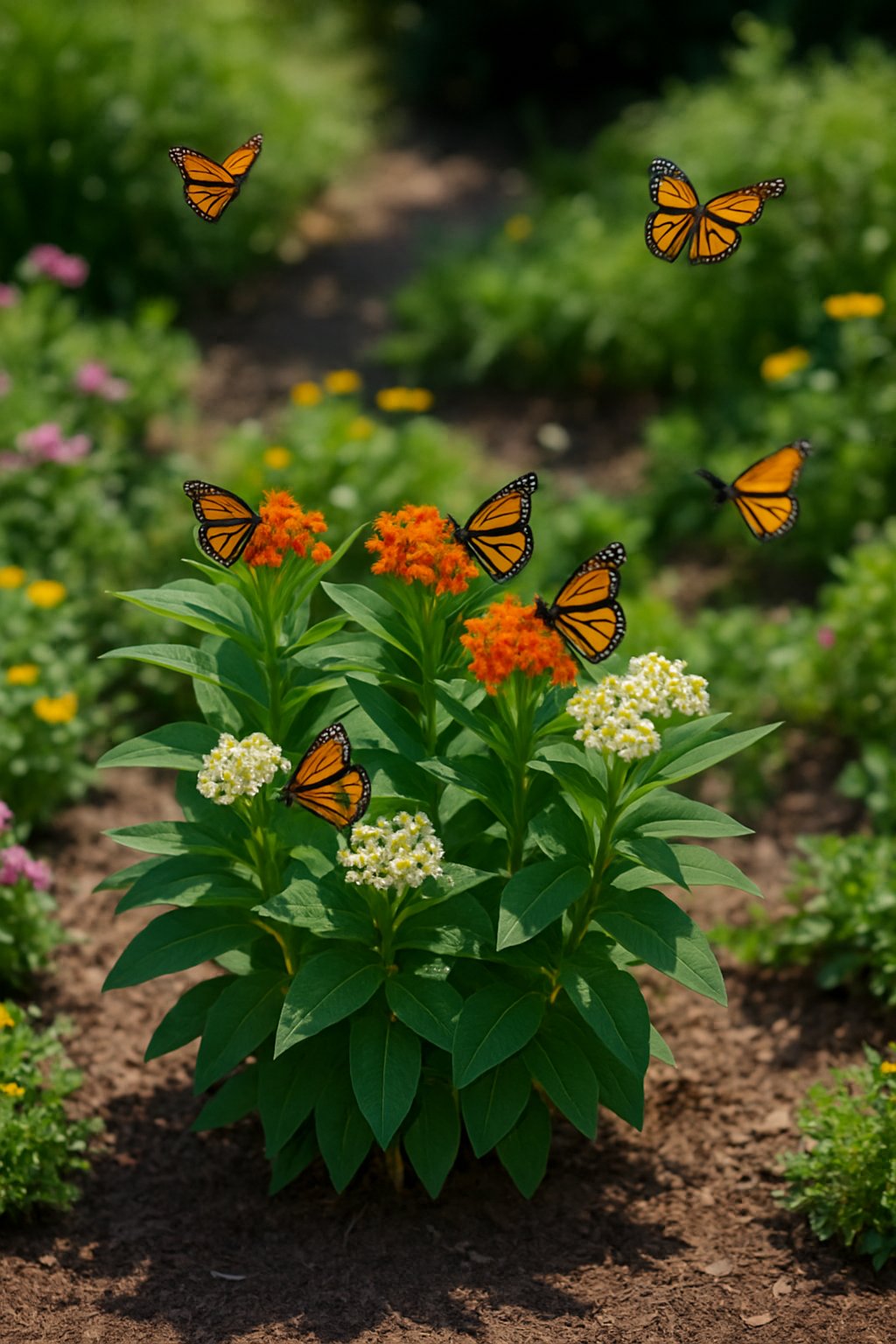 A small garden with milkweed plants and butterflies resting on the flowers in natural sunlight.