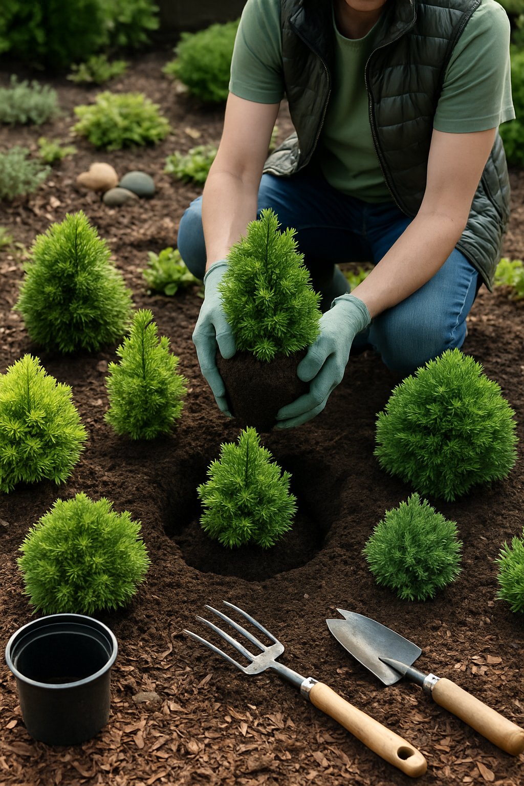 A gardener planting small dwarf conifer plants in a tidy garden bed surrounded by soil and garden tools.