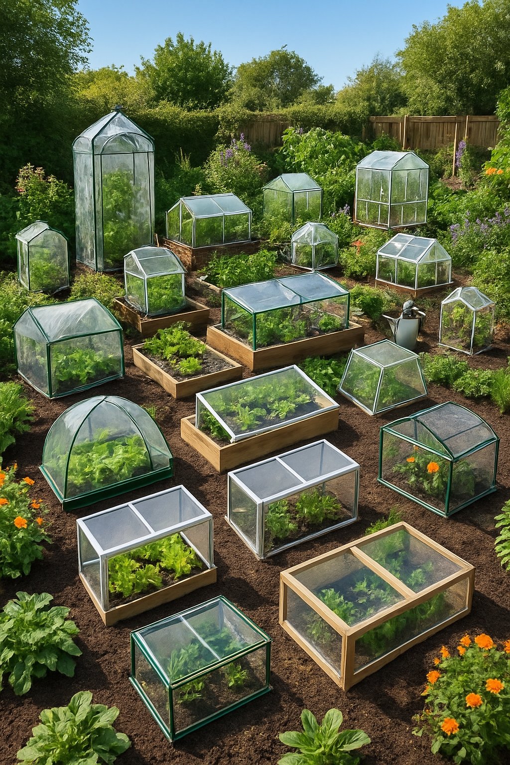 A garden with multiple small portable greenhouses surrounded by healthy plants and seedlings, showing various compact gardening setups for extending the growing season.