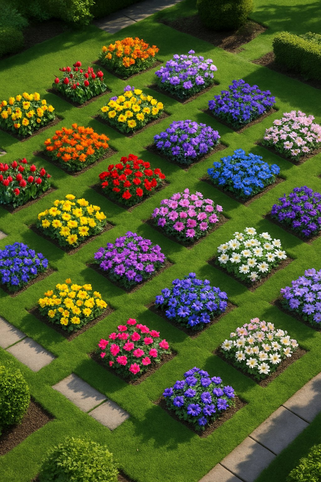 A garden with 24 small flower beds arranged in neat patterns, each filled with brightly colored blooming flowers.