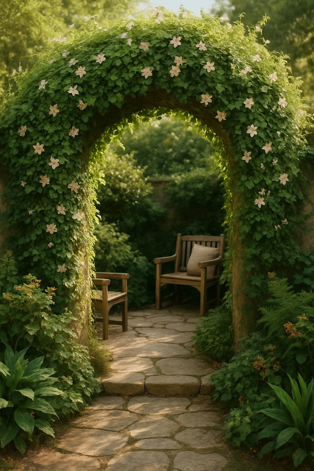 A peaceful garden nook with a vine-covered archway leading to a cozy seating area surrounded by lush plants and soft sunlight.