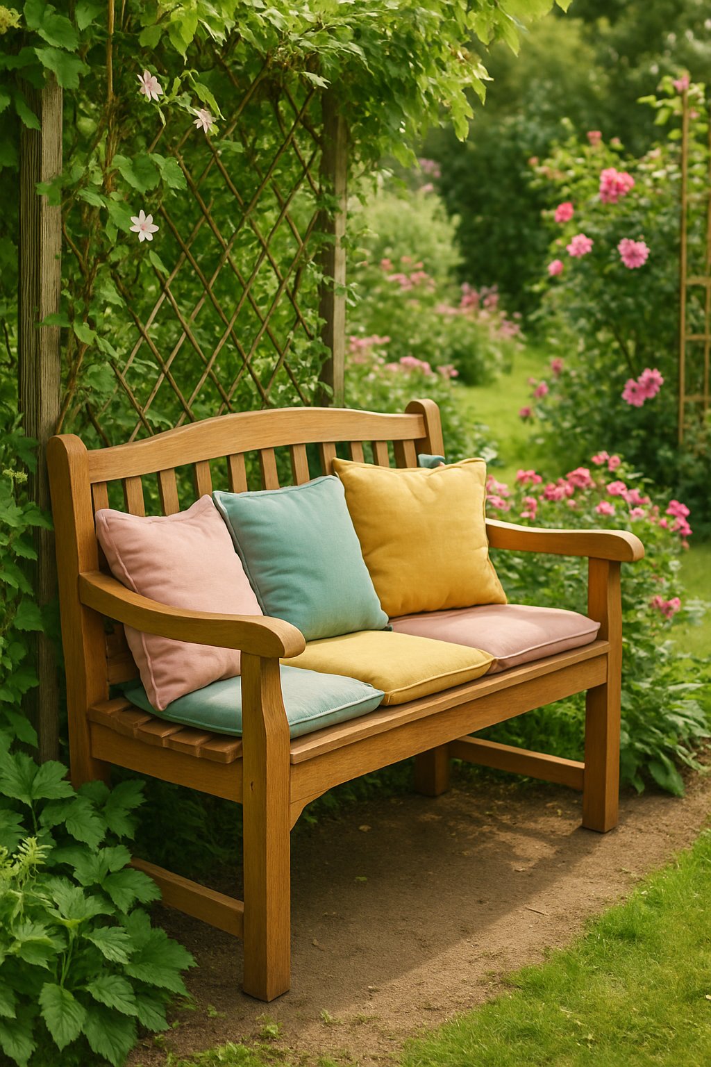 Painted wooden garden bench with cushions surrounded by plants and flowers in a garden nook.