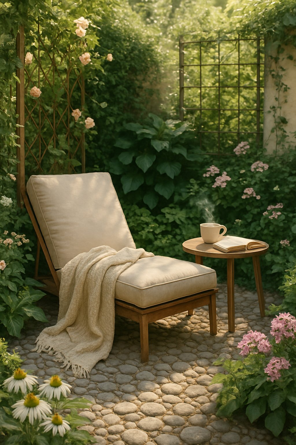 A peaceful garden reading corner with a cushioned chair on a pebble floor surrounded by plants and flowers.