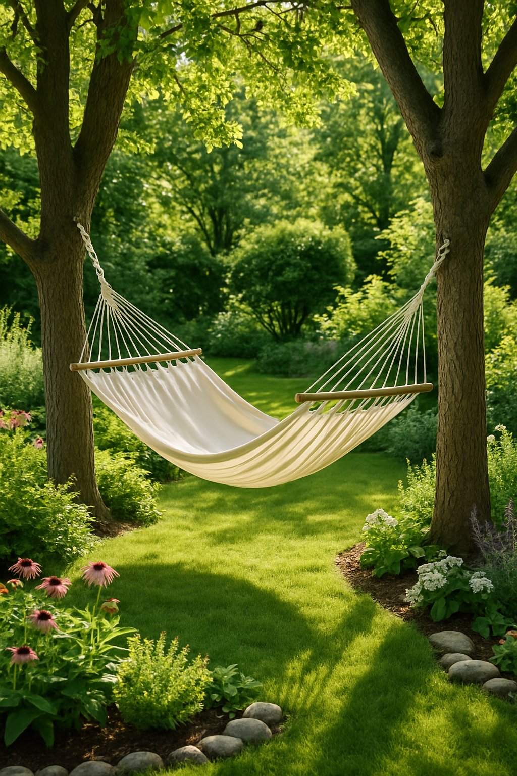 A hammock hanging between two trees in a green garden surrounded by plants and sunlight.