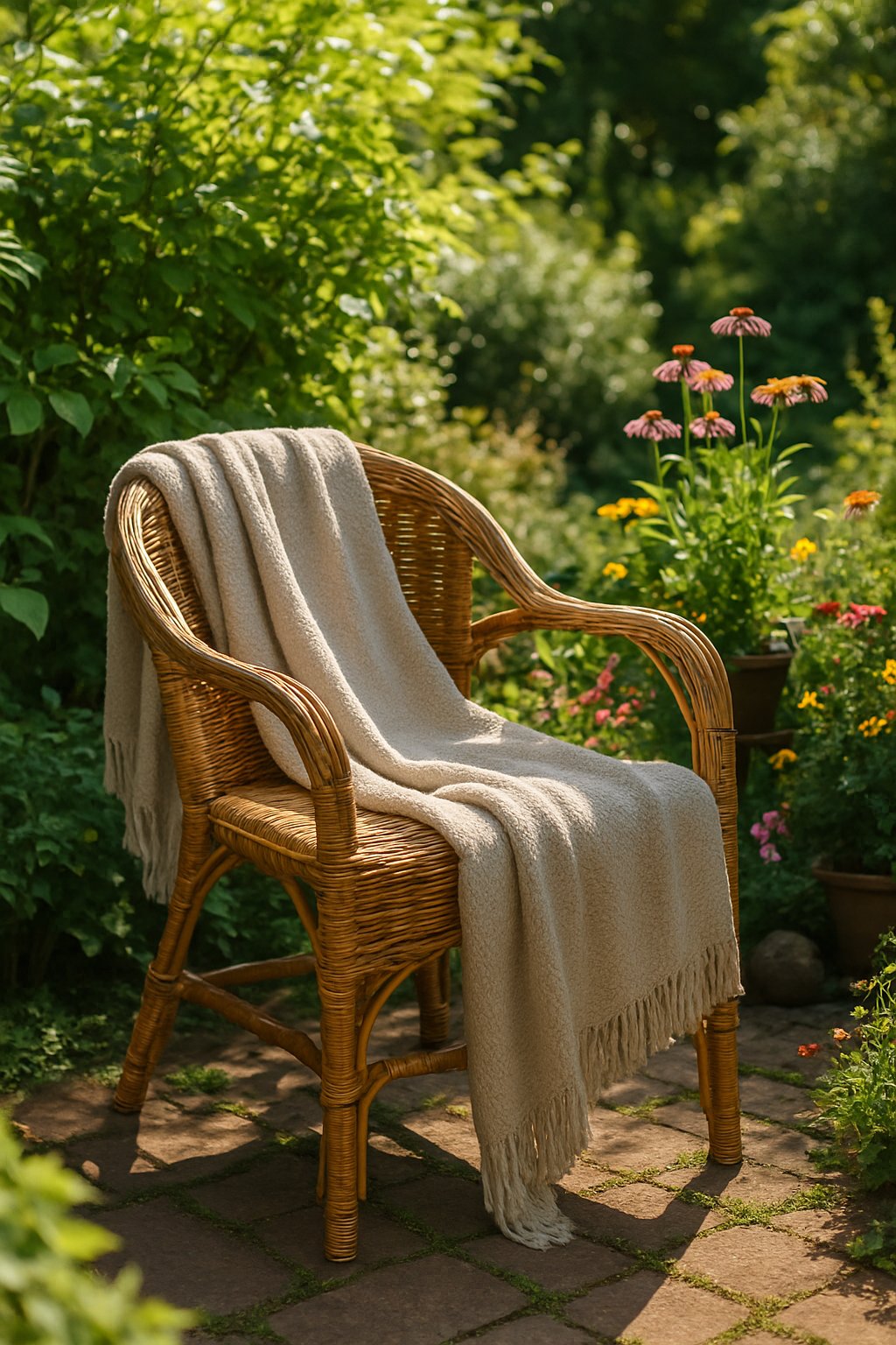A wicker chair with a throw blanket in a garden nook surrounded by plants and flowers.
