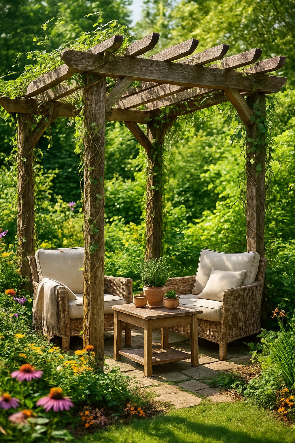 A wooden pergola with outdoor seating surrounded by plants and flowers in a garden.