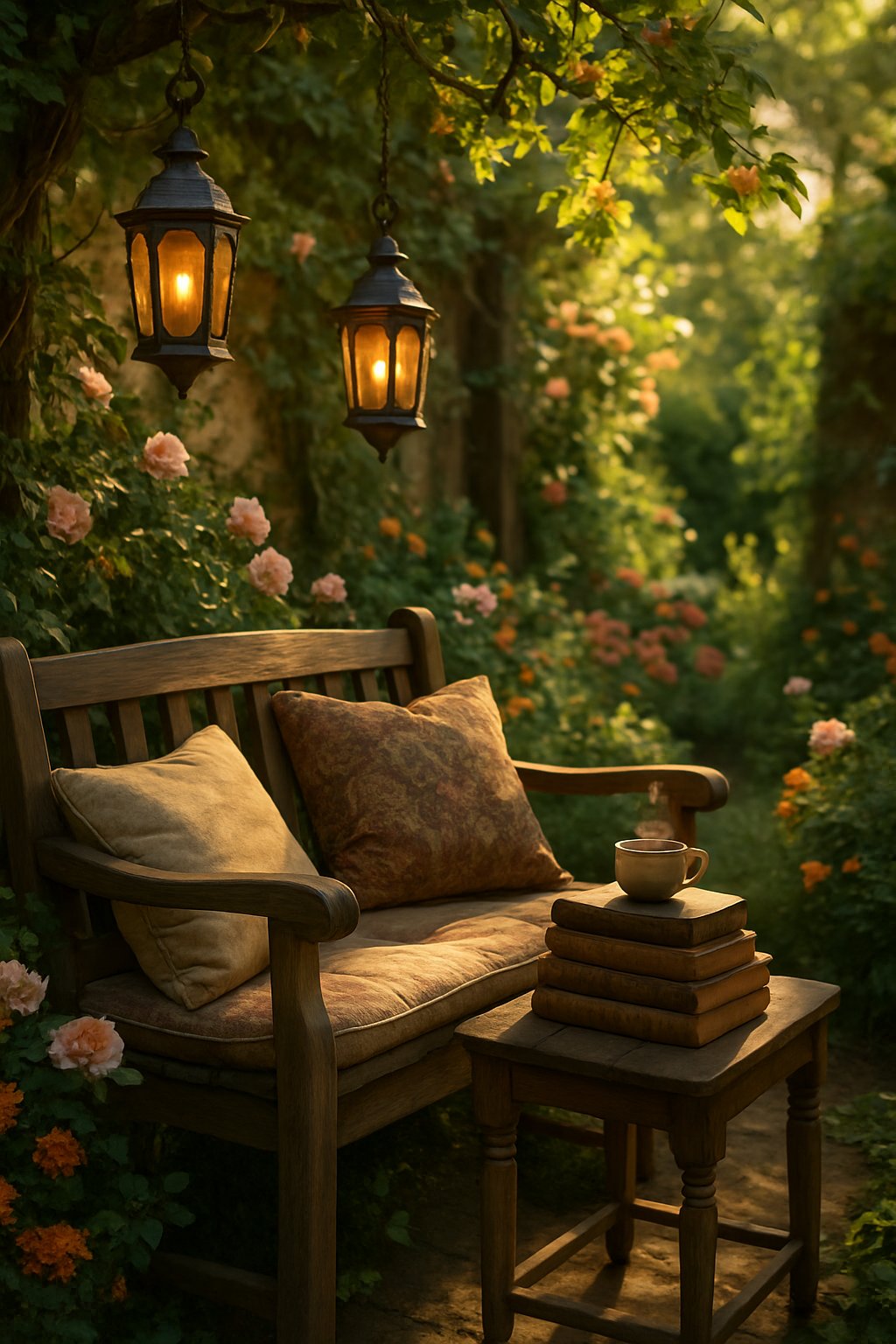 A cozy outdoor garden nook with a wooden bench, cushions, a side table with books and tea, surrounded by green plants and flowers.