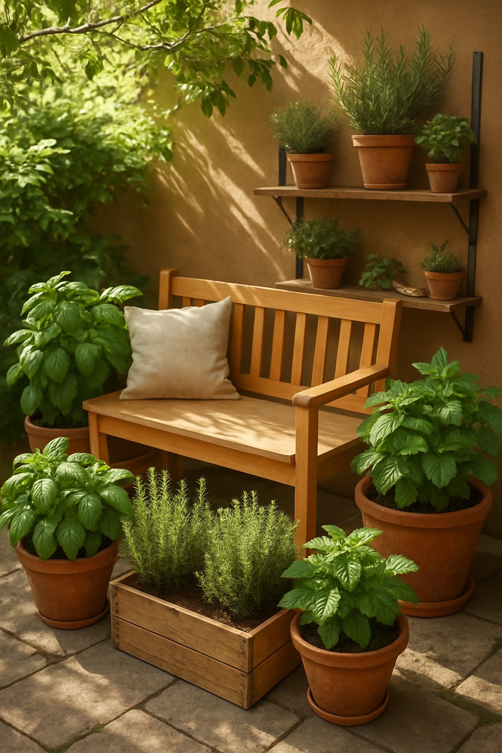 A small outdoor garden nook with a wooden bench surrounded by various potted herbs and plants in a peaceful setting.