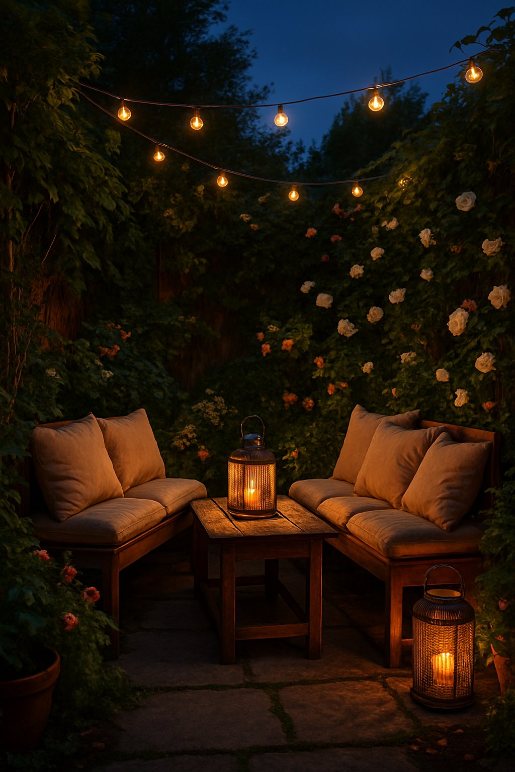 A cozy garden nook at evening lit by lanterns, with comfortable seating surrounded by plants and soft string lights overhead.