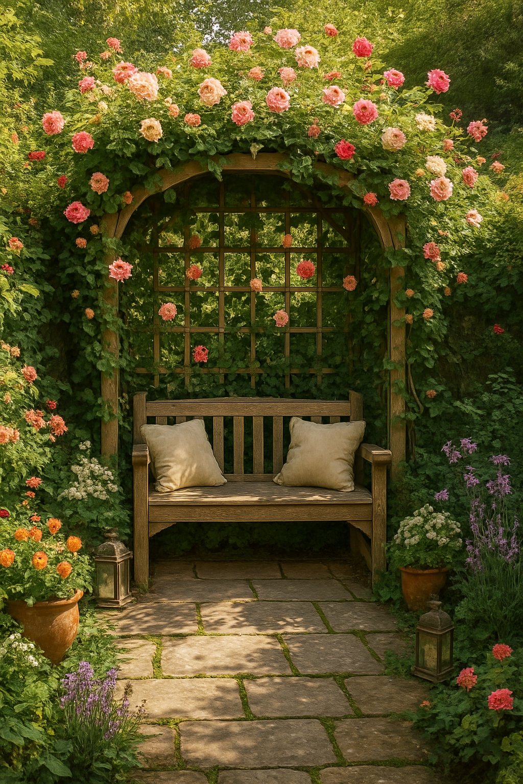 A garden alcove with a wooden trellis covered in climbing plants, a bench underneath, surrounded by flowers and greenery.