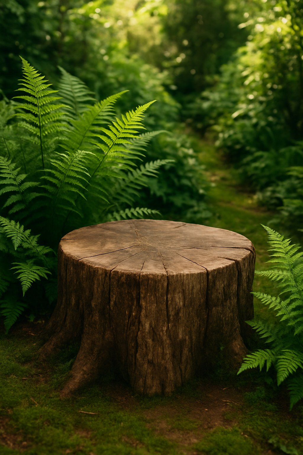 A rustic log seat surrounded by green ferns in a garden nook.