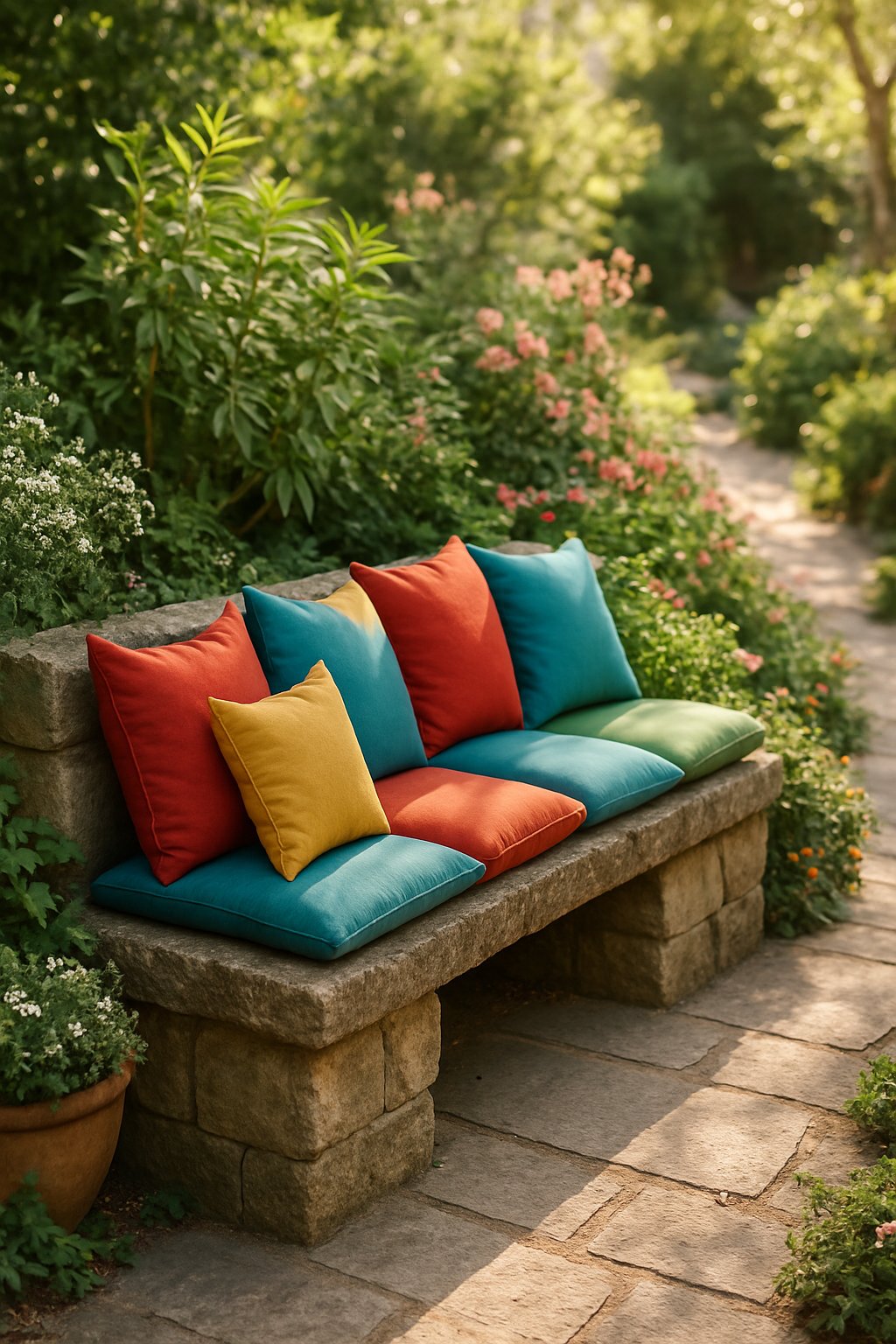 A stone bench in a garden nook with colorful cushions and surrounding green plants.