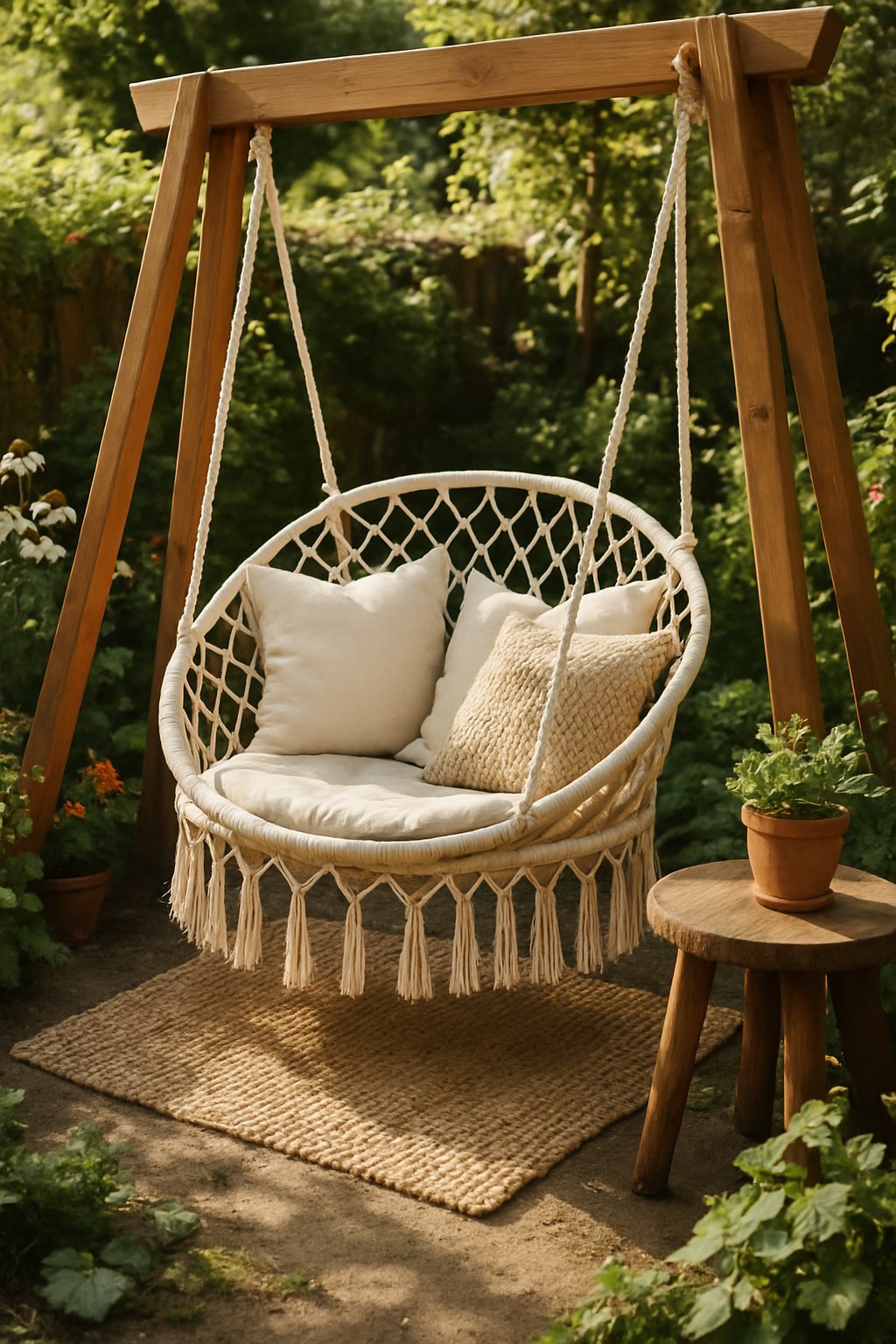 A swing chair hanging in a garden nook surrounded by plants and flowers with a small side table nearby.