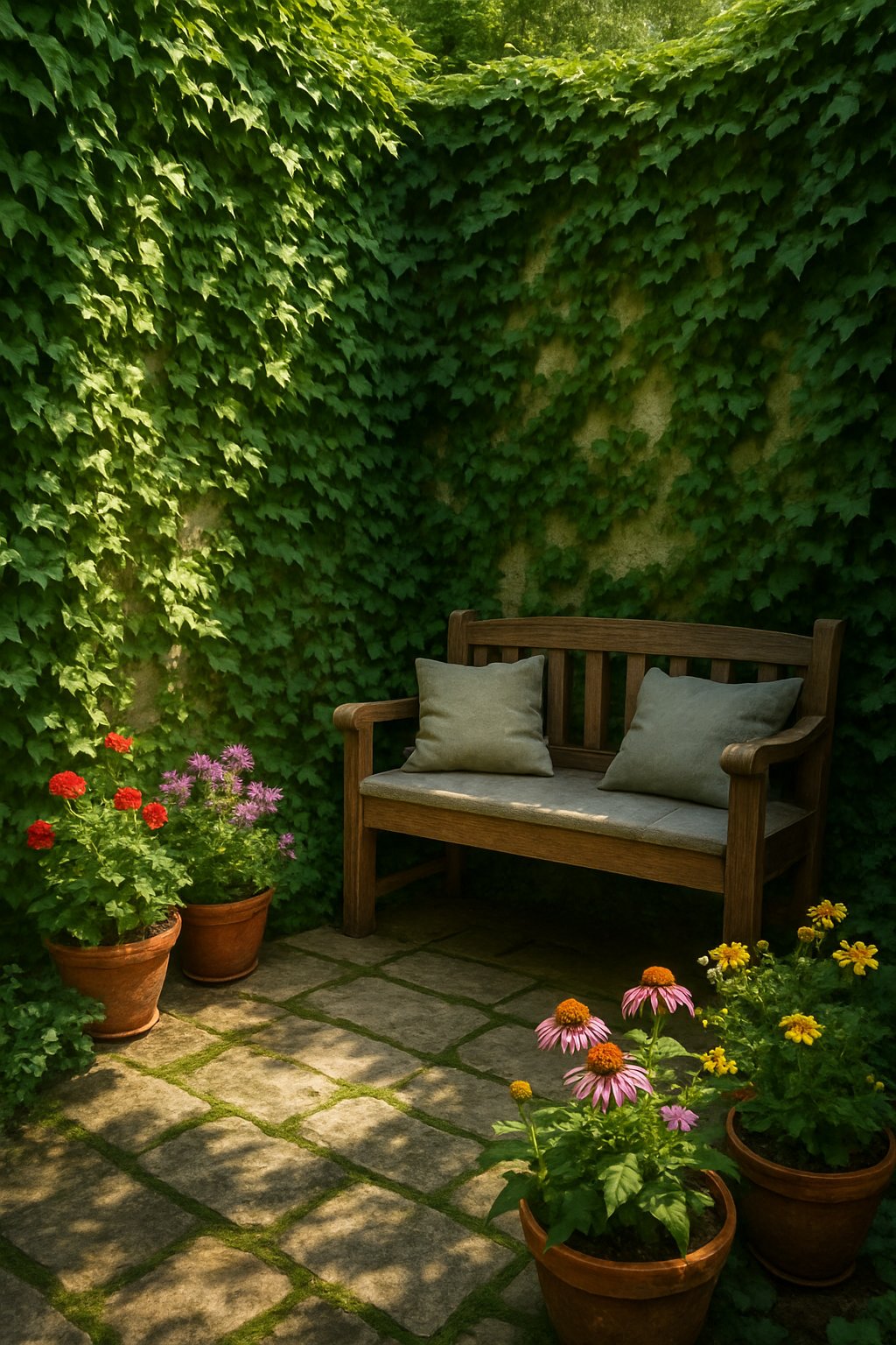 A hidden garden corner with climbing ivy covering the walls, a wooden bench with cushions, and colorful plants around it.