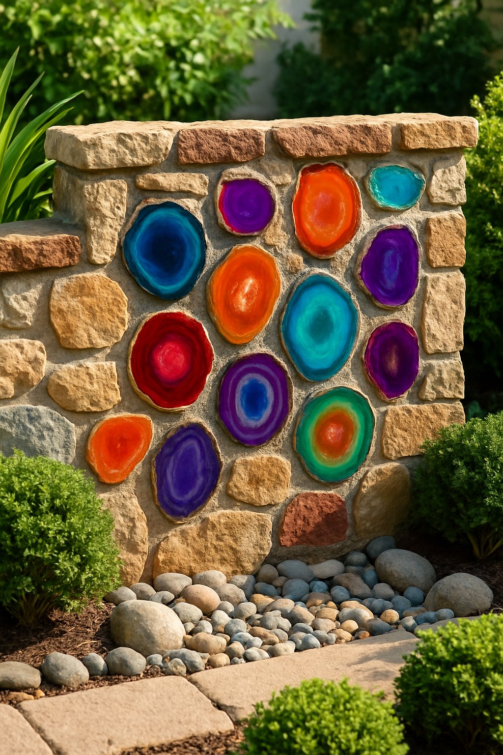 A garden wall made of natural stones with colorful agate slices embedded, surrounded by green plants and simple rock landscaping.