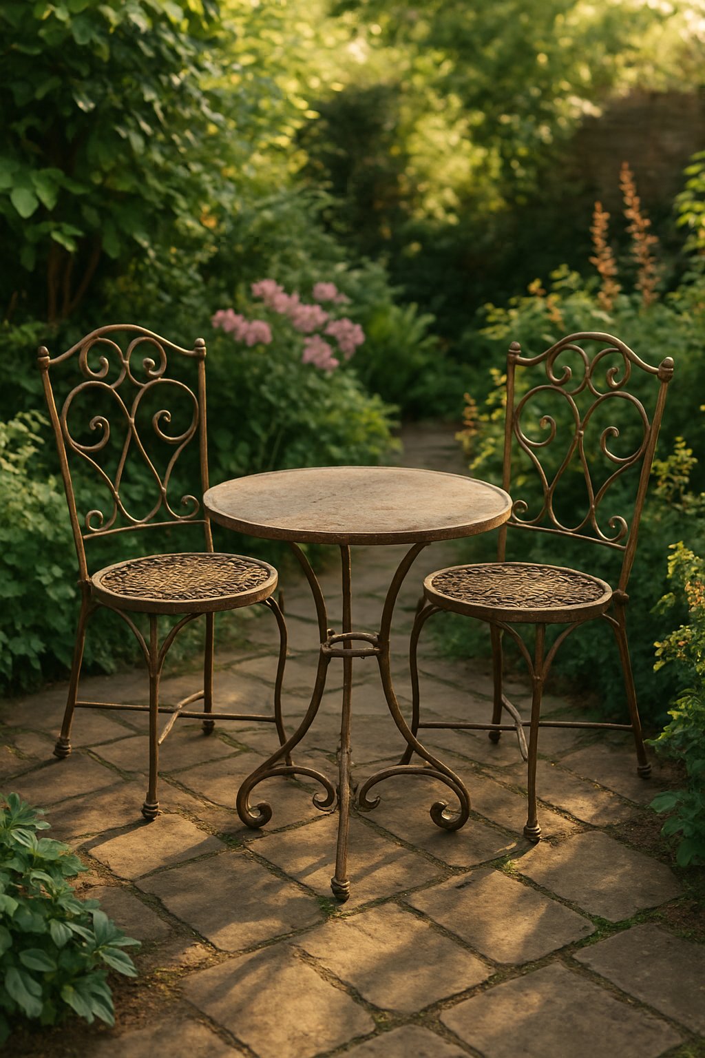 A small metal table with two chairs set in a garden surrounded by plants and flowers.