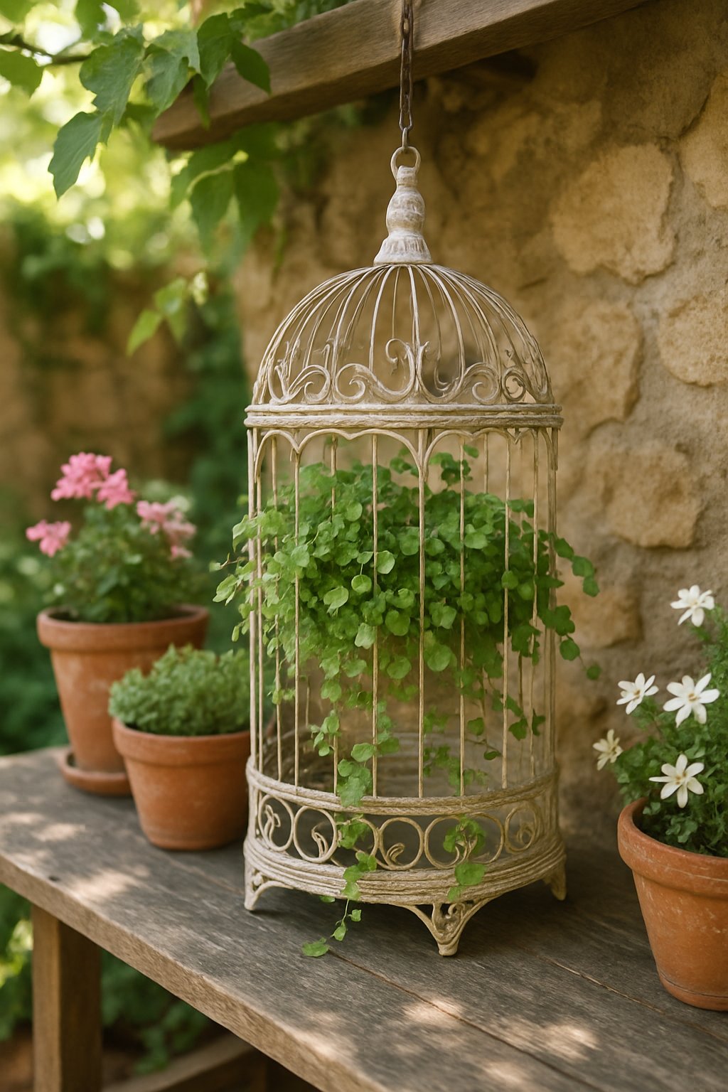 A vintage birdcage holding green plants in a peaceful garden nook with flowers and natural sunlight.